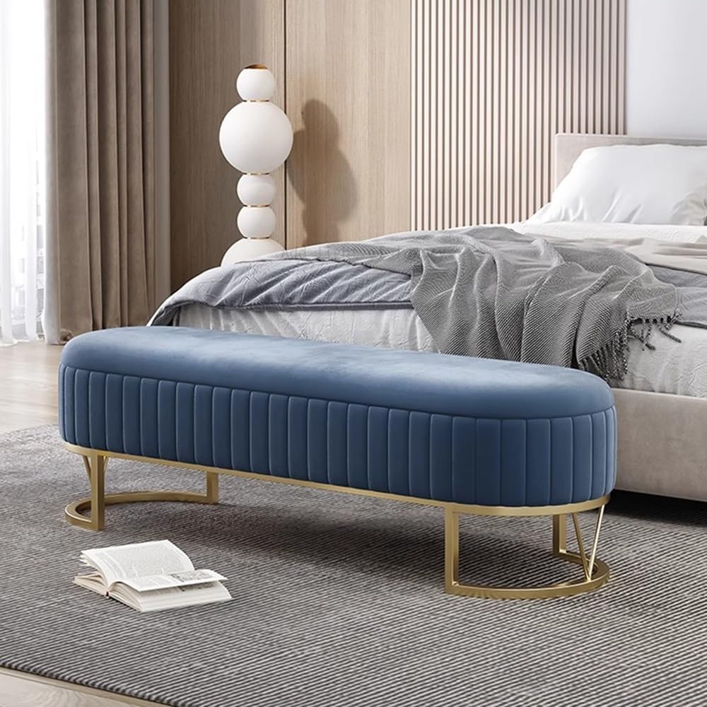 Modern Storage Bench Upholstered Bedside Stool with Metal Legs Modern for Living Room Entryway Entryway(Blue,Medium)