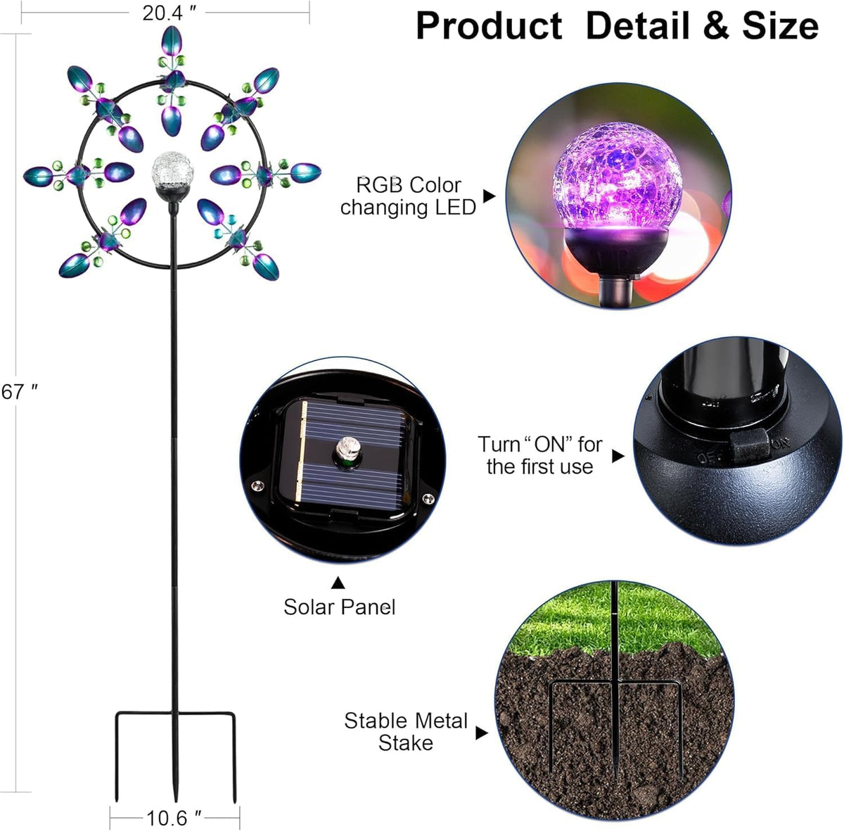 Large Solar Wind Spinners for Yard Art Garden-67 Inch 360° Metal Wind Sculptures Outdoor Clearance Kinetic Windmills with Multi Color Led Glass Ball