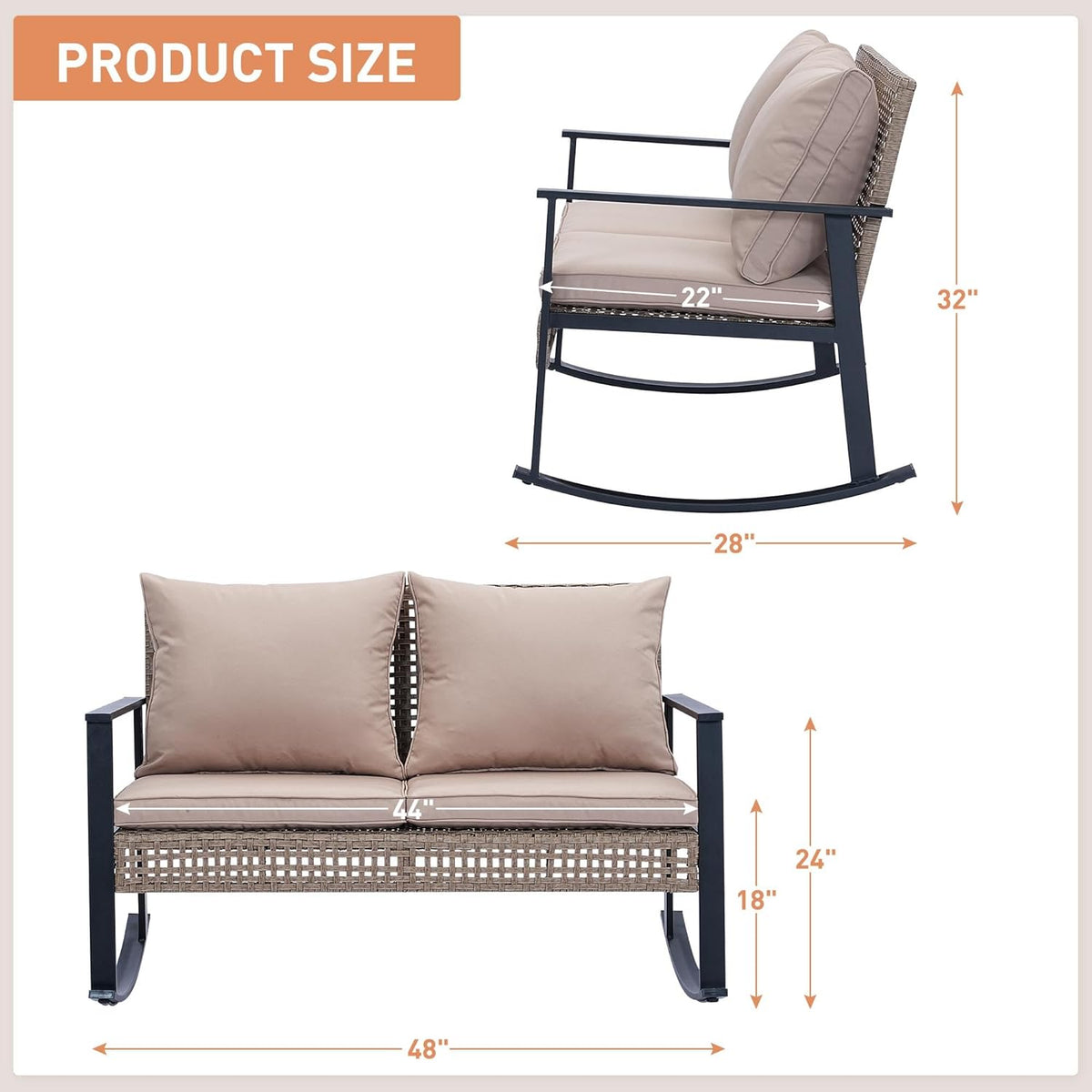 Ainfox Outdoor Wicker Loveseat Rocking Chair, Patio Rattan Rocker Chair with Cushions,All-Weather Modern Cozy Rocking Wicker Furniture for Garden Backyard Porch, Khaki