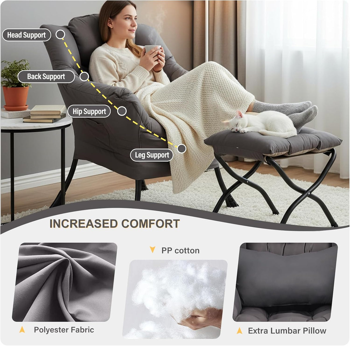 Lazy Chair with Ottoman, Comfy Chair with Pillow,Dark Grey
