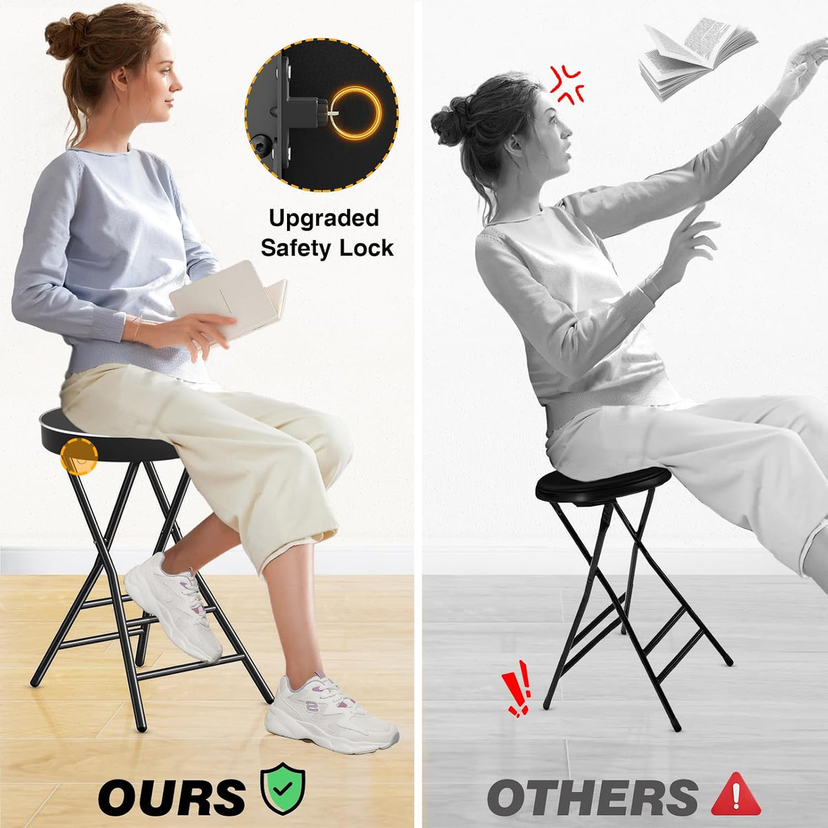 TAVR Folding Stool,26.4 Inch Collapsible Stool with Safety Lock | Tall Folding Counter Bar Stool, Portable PU Leather Stool Chair for Kitchen, Balcony, Camping, Fishing & Outdoor Indoor Use