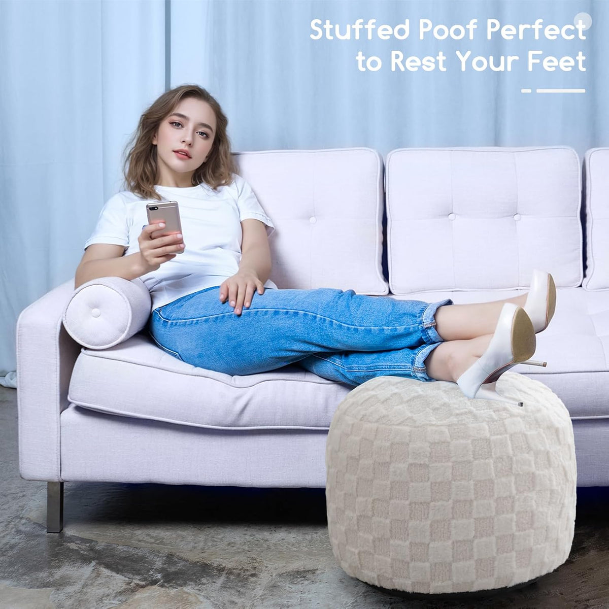HIGOGOGO Round Stuffed Pouf Ottoman, Plaid Poufs with Foam Chunk Filling, Fluffy and Furry Pouf Foot Stool Storage Ottoman, 26 X 18 Floor Poufs Foot Rest for Living Room, Beige