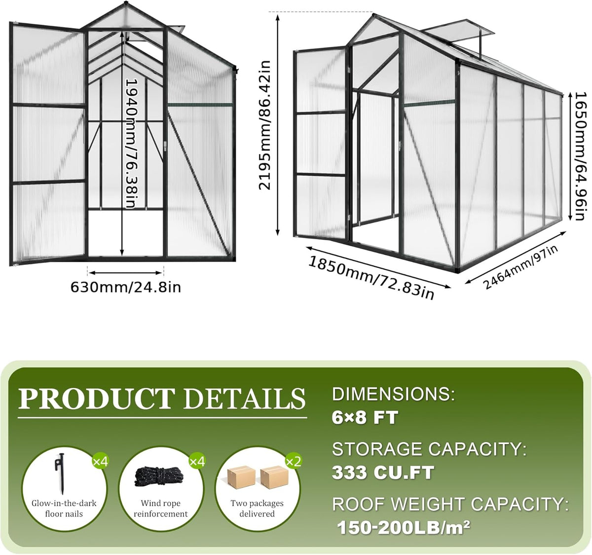 7.2FT High 6*8.2FT Greenhouse for Outdoors,Polycarbonate Greenhouse with Stronger Wind Protection and Roof Vent,Walk-in Large Aluminum Sunroom Winter Proof,Black