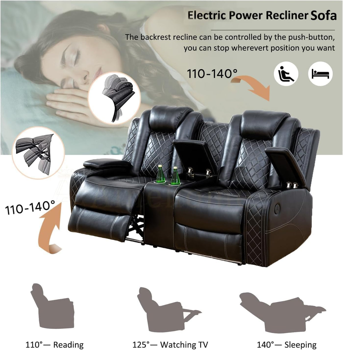Multifunction Power Recliner Couch Set with LED Light, Storage Console, Cup Holders, USB Charging Port (3Piece, Black)