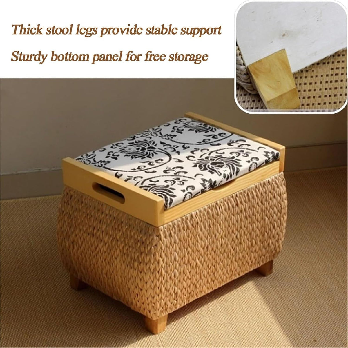 Ottoman with Storage Rattan Woven ,Bench with Padded Seat End of The Bed Entry Bench Footrest Stool for Hallway Living Room(Primary color1,40cm/15.7in)