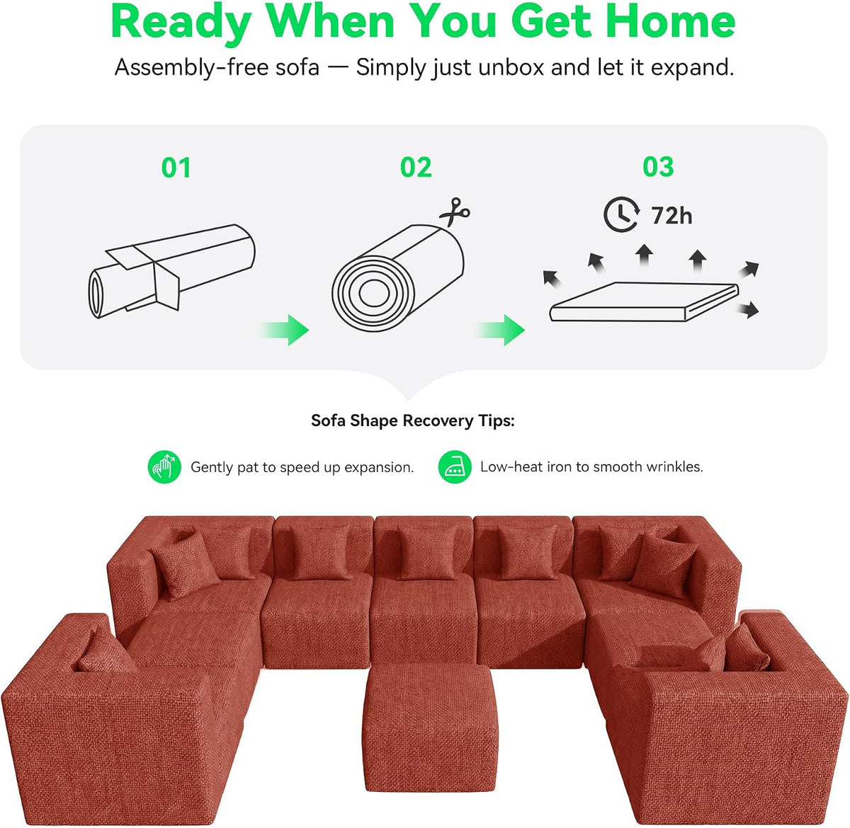 MONVANE Oversized Sectional Couch 10-Seat, Chenille, Rust Red | Sectional Couch for Living Room, Modular Cloud Sofa with Ottoman & 10 Throw Pillows, No Assembly Required