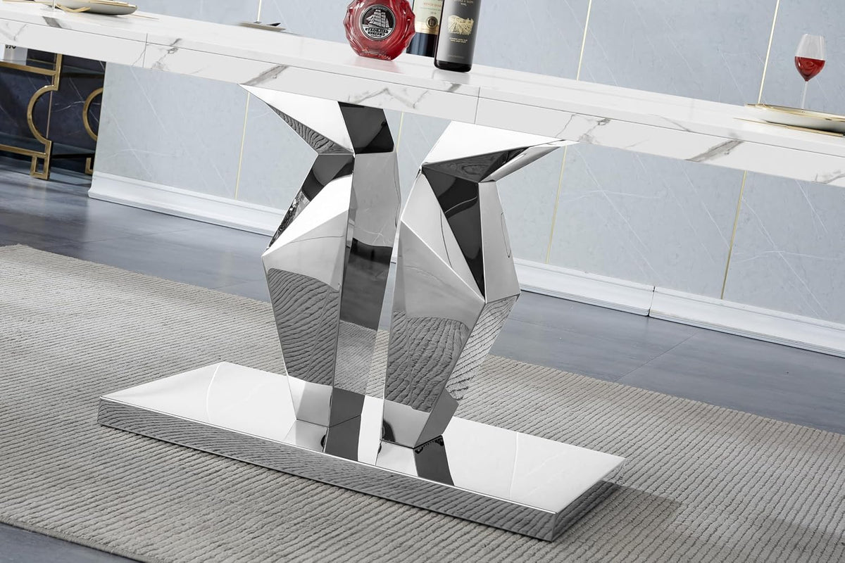 Henf Luxury Marble Dining Table for 6-8 Rectangular 70" Faux Marble Kitchen Table with Silver Mirrored Stainless Steel Base,White Faux Marble Large Long Pedestal Table (Table Only)