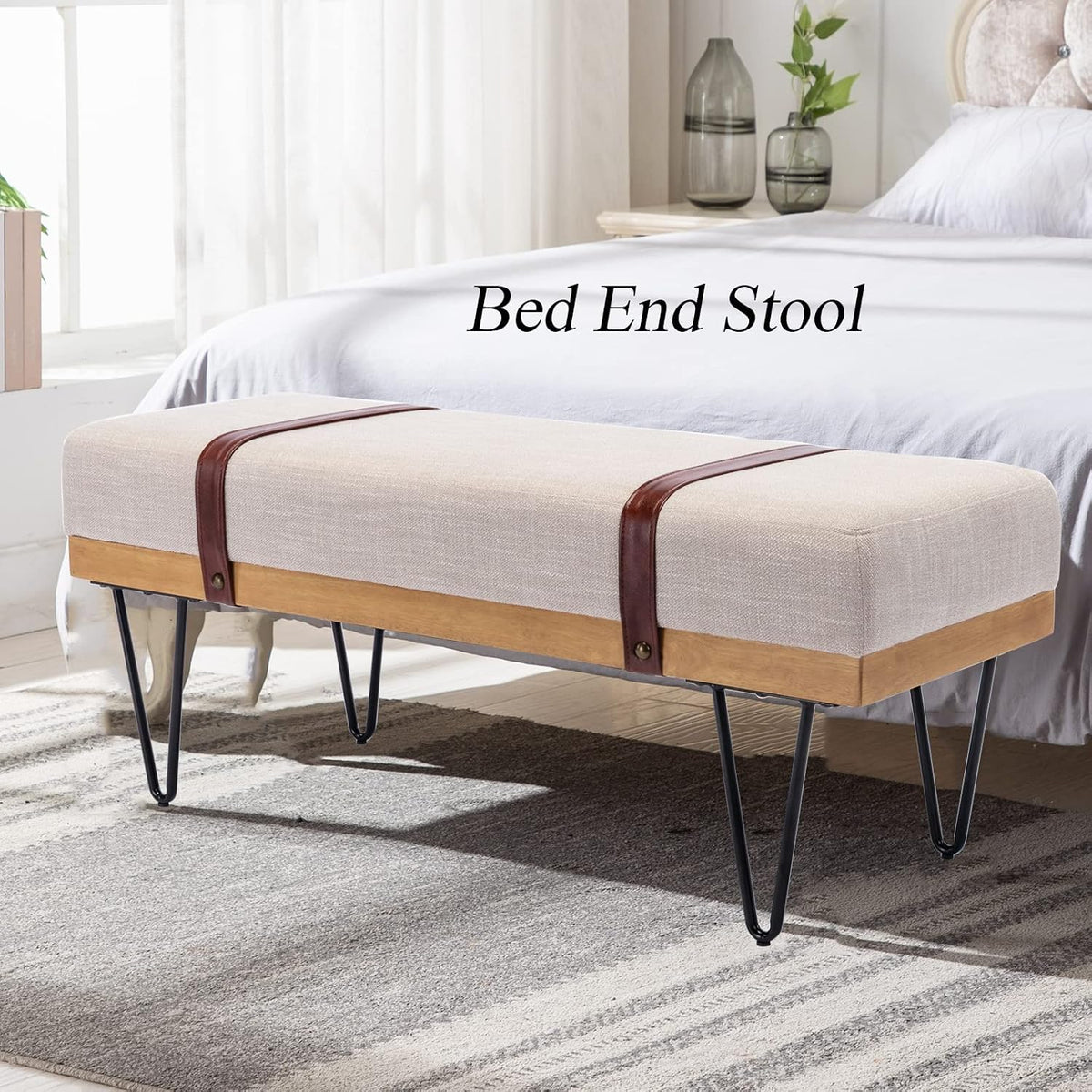 DUOMAY Industrial Modern Linen Rectangle Ottoman Bench with PU Strap and Metal Legs, Mid Century Dining Table Bench Footstool Entryway Shoe Bench for Bedroom Dining Room Living Room, Beige