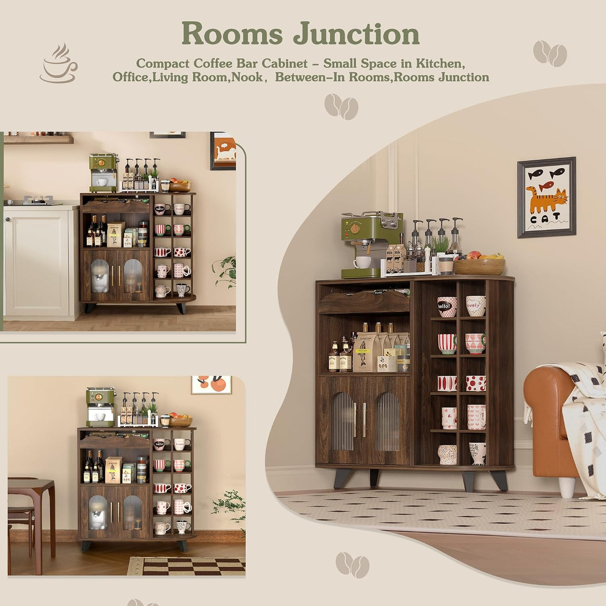 VINAEMO Coffee Bar Cabinet with 24-Cup Display, Large Drawer & Storage,Modern Buffet Sideboard for Kitchen, Medium Wooden Bar Station for Apartment,Walnut