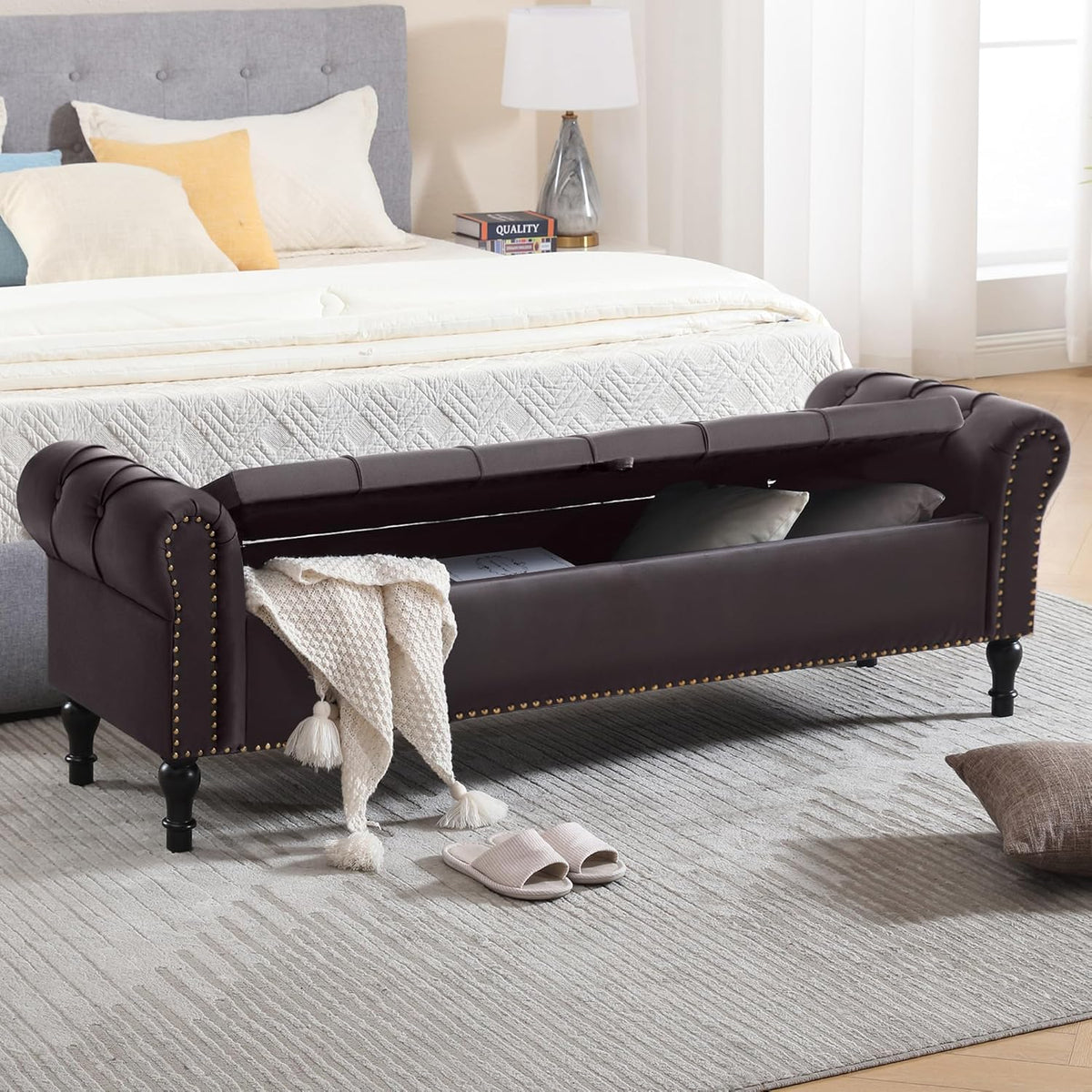 Faux Leather Storage Bench 67 Inch Upholstered Tufted Ottoman Bench with Arms Large Storage Space King Size End of Bed Bench for Bedroom Living Room Entryway Whiskey Coffee