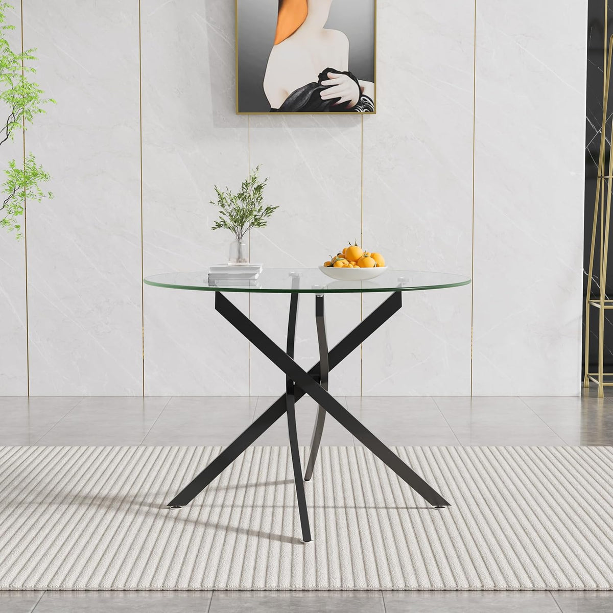 SSLine Modern 5-Piece Round Glass Dining Table Set for 4, Luxury 36" Circle Clear Glass Top Dining Room Table with 4 Clear Tufted Chairs for Kitchen Home Office