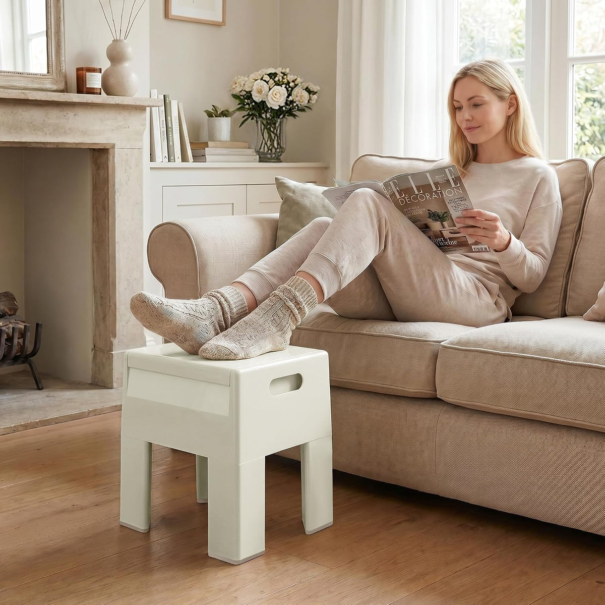 Modern Nightstand - Multifunctional Plastic Bedside Table with Storage Space, Side Table Easy Assembly for Bedroom, Dorm and Small Areas (14.2" D x 11.8" W x 15.78" H, Beige White)