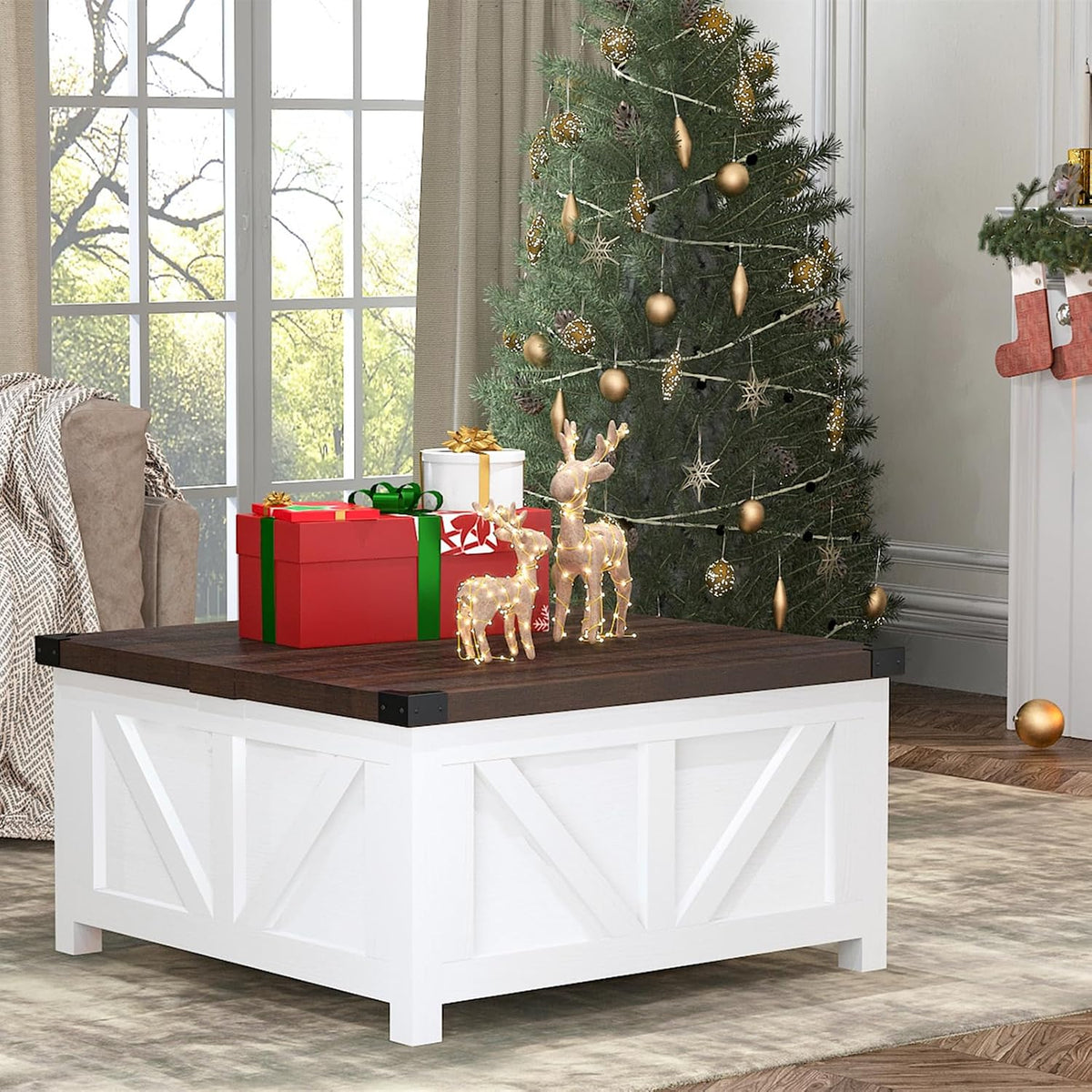 jimeimen Farmhouse Lift Top Coffee Table with Storage, Wood Square Center Table with Charging Station&USB Port, Living Room Table w/Large Hidden Space, for Living Room, Bedroom, Home Office, White