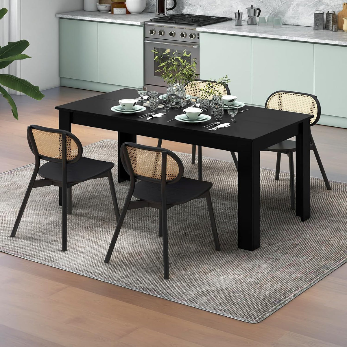 Giantex Dining Table for 6, Rectangular Kitchen Table with 330Lbs Capacity, Stable Structure, 63" L x 31.5" W x 30" H Large Farmhouse Center Tables for Dinner, Dinette, Dining Room, Black
