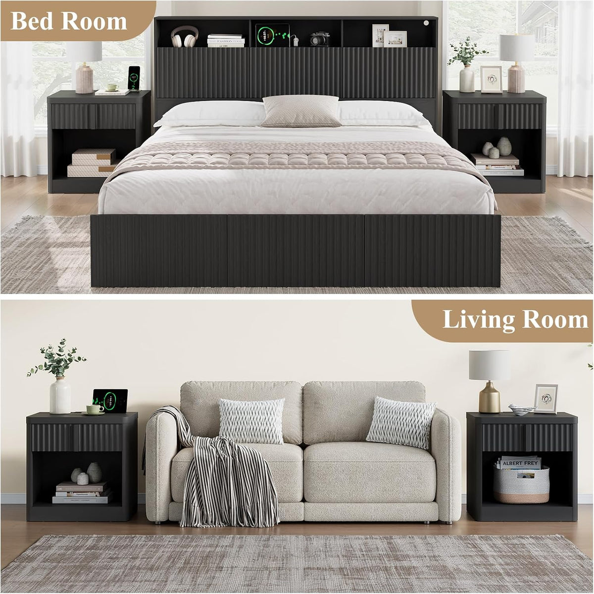 Fluted Nightstand with Charging Station, 23.6" End Table with Solid Wood Handle, Curved Profile Design, Mid Century Moden Bedside Table for Bedroom, Black