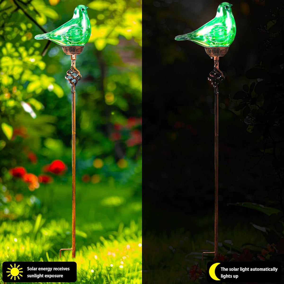 Decorative Solar Lights Outdoor Solar Bird Stake Lights Hand Blown Glass Decorative Garden Pathway Lights Outdoor Waterproof Glass Stakes (Green)