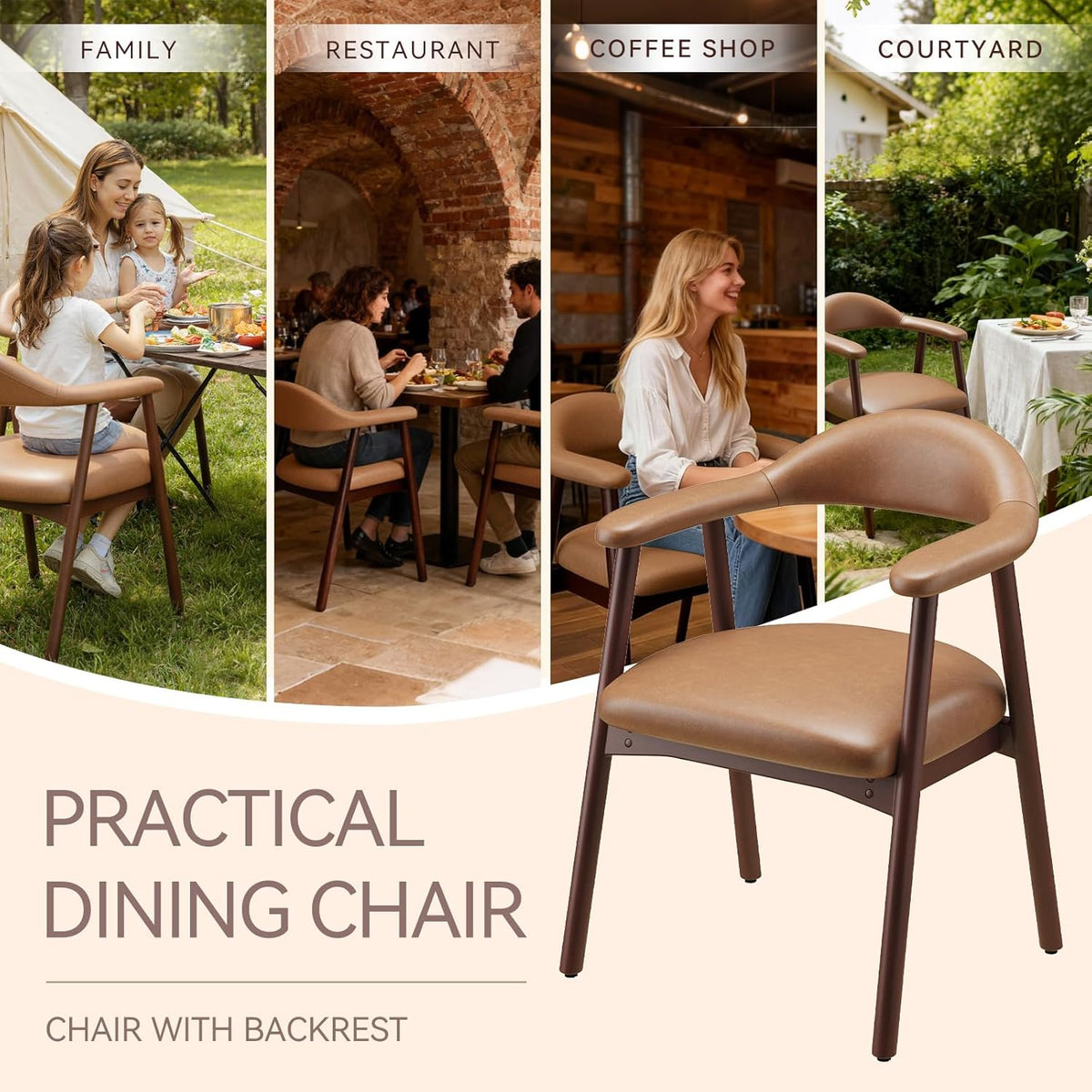 MALOL Leather Dining Chair with Armrest Set of 4, Upholstered Dining Room Chair with Curved Back and Wood Legs, Mid Century Modern Kitchen Chairs for Kitchen Dining Room,Brown