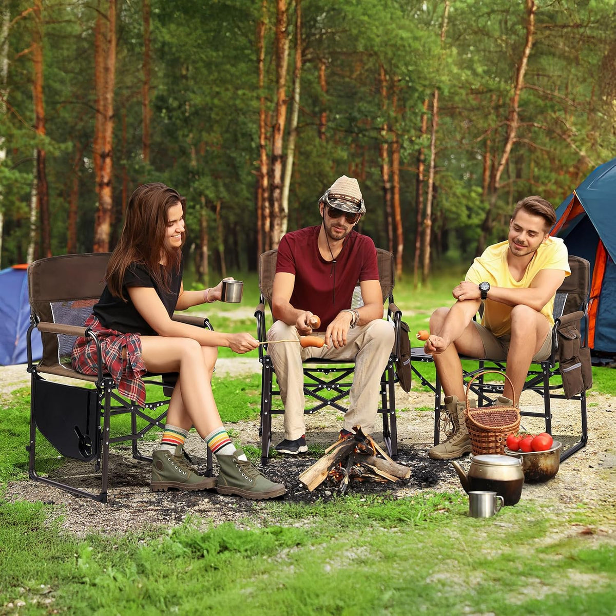 VINGLI Camping Chairs, Directors Chair, Camping Chair with Side Table & Carry Bag,Heavy Duty Camping Chairs for Adults,Portable Folding Camping Chair 2 Pack, for Beach, Fishing,Trip,Picnic,Lawn-Brown