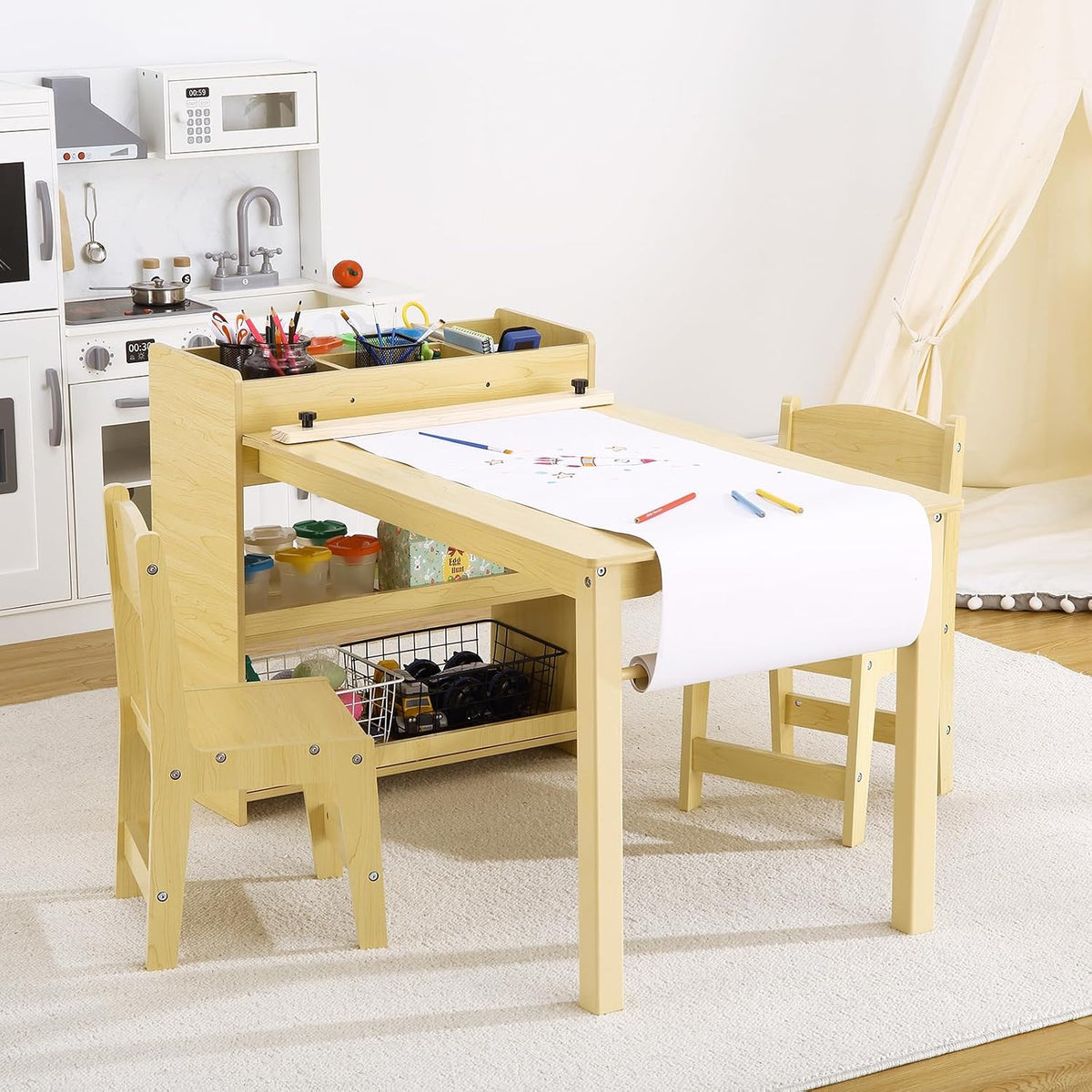 Kids Art Table with 2 Chairs, Toddler Craft Play Wood Activity Desk with 3-tier Storage Shelves for Writing Drawing, Children's Wooden Furniture Table and Chairs Set for Playrooms & Classroom