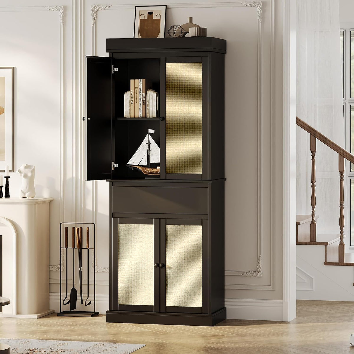 Tall Kitchen Pantry Cabinet with Rattan Doors, Adjustable Shelves & Drawer, Freestanding Storage Cupboard for Bathroom, Dining Room & Living Room(New Black)