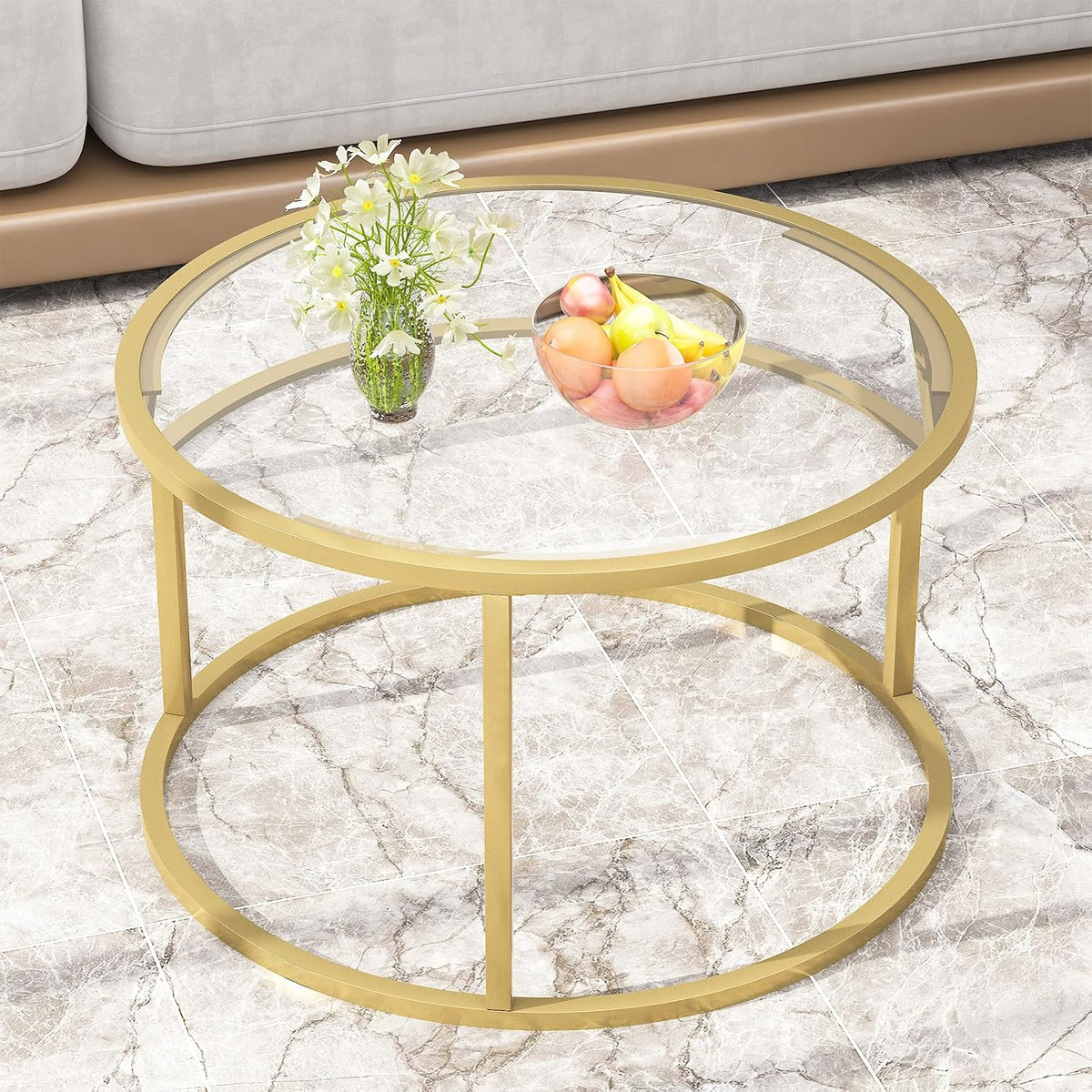 Glass Coffee Table,Round Gold Coffee Table for Small Space,27" Modern Center Table,Glass Top Clear Coffee Table with Sturdy Metal Frame for for Living Room Home Office, Easy Assembly