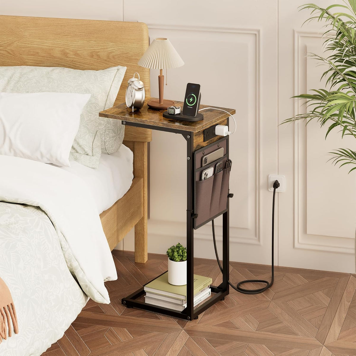 Vagusicc C Shaped End Table with Charging Station, Adjustable Height Side Table for Couch, Small Sofa Table with Storage Bag, Slide Under Sofa TV Tray Snack Arm Tables for Living Room, Bedroom, Brown