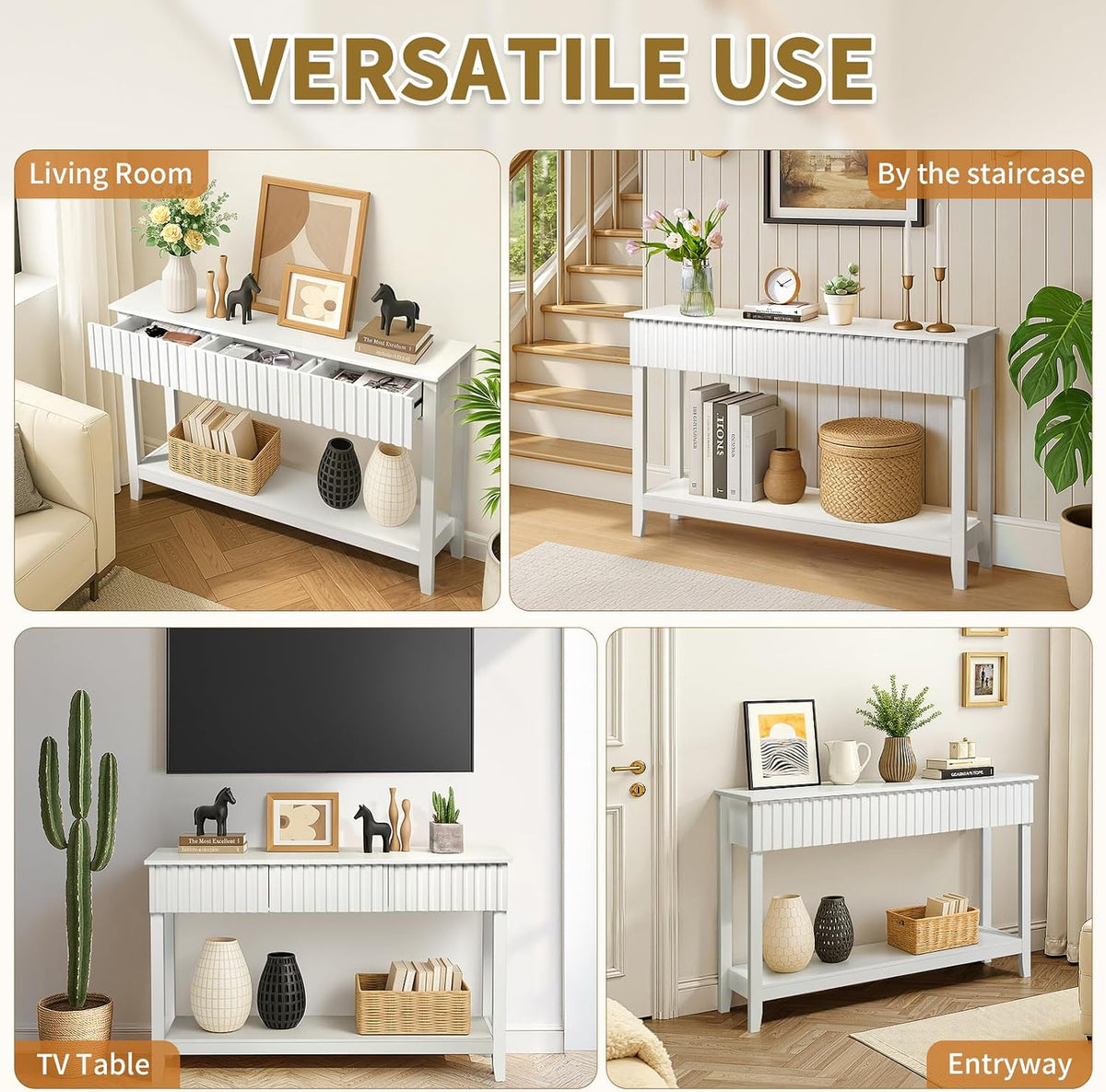 Karl home 51" White Console Table with 3 Fluted Drawers, Modern Sofa Table with Open Storage Shelf for Living Room, Foyer Hallway