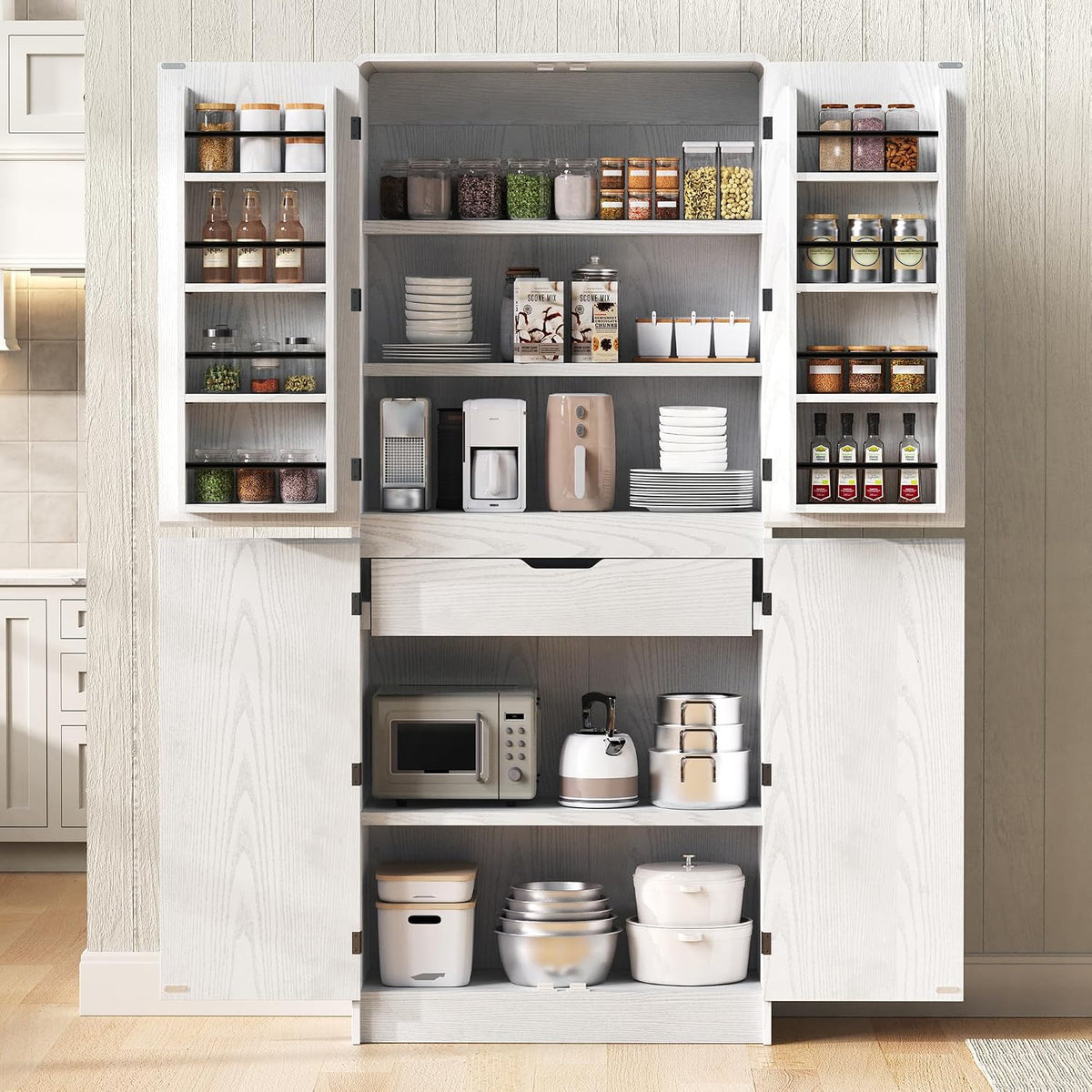 72" Tall Farmhouse Kitchen Pantry Cabinet with 8 Door Shelves, Curved Design Storage Cabinet with 3 Adjustable Shelves, Hidden Drawer, Versatile Cupboard for Kitchen, Dining & Bathroom, White