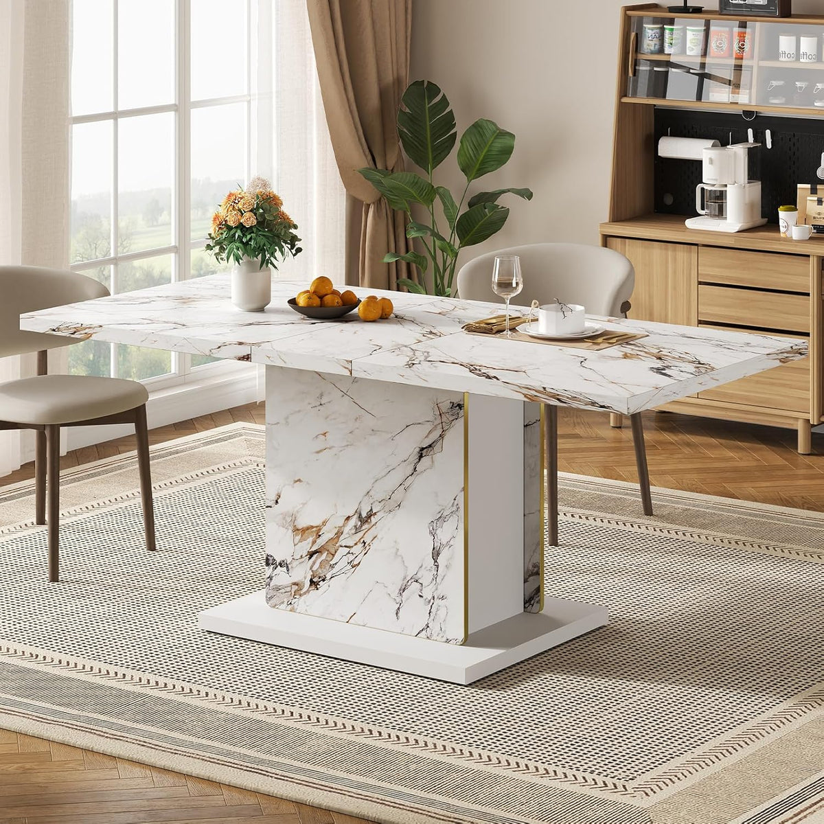 HOMISSUE 70" Faux Marble Dinner Table,Rectangle Modern White Dining Table for 6-8 People,Large Kitchen Furniture Table with Sturdy Base for Dining Room, Living Room, White