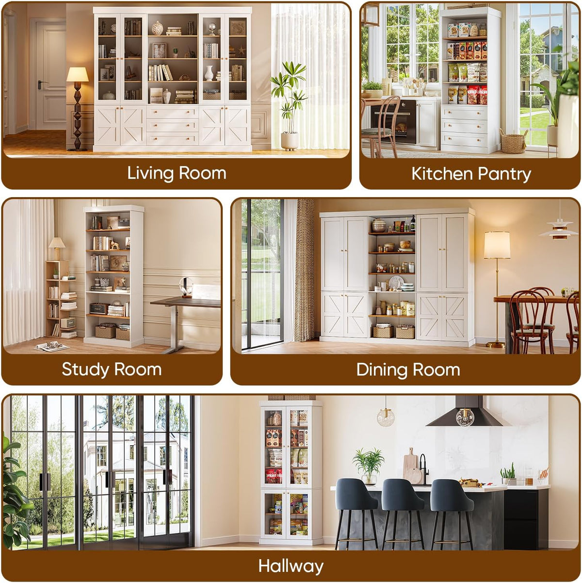 70.8" Tall Farmhouse Modular Kitchen Pantry Cabinet, Wooden Storage Hutch with Six-Tier Adjustable Shelves,White,3 pcs