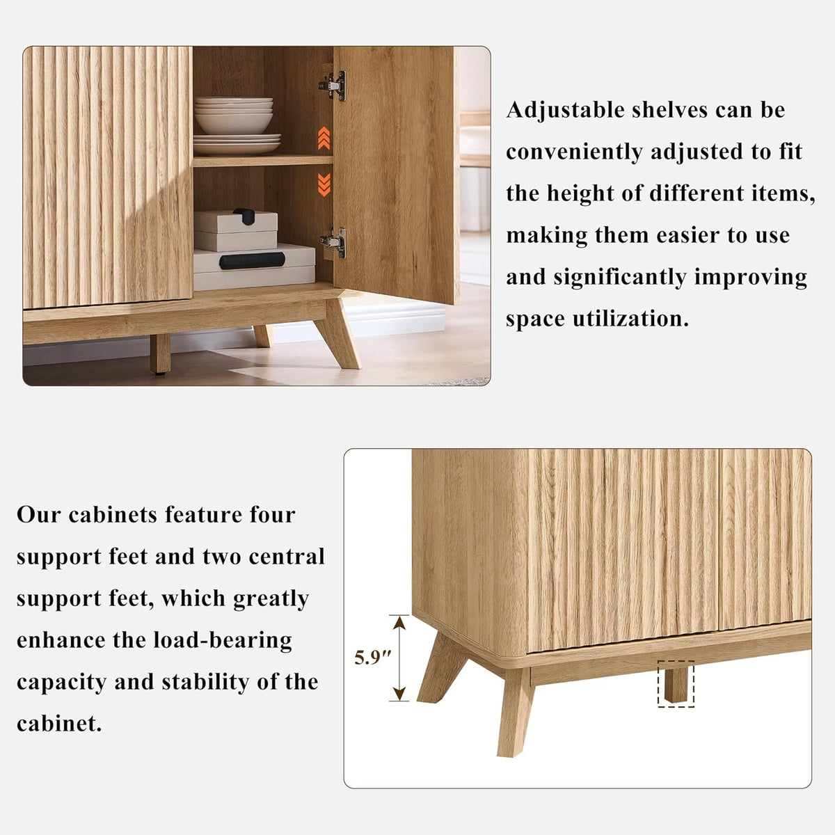 T4TREAM Large Buffet Sideboard Cabinet with Storages, 60" Fluted Modern Buffet Table Coffee Bar Wine Bar Storage Cabinet with 3 Drawers & 4 Doors for Dining Room, Living Room, Hallway(Natural Oak)