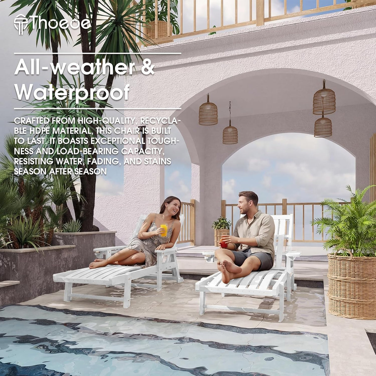 Outdoor Chaise Lounge Chair Set of 2,HDPE lounge chair outdoor with Wheels | Oversized pool lounge chairs with cup holder, 5 adjustable position for patio,outside,pool,deck