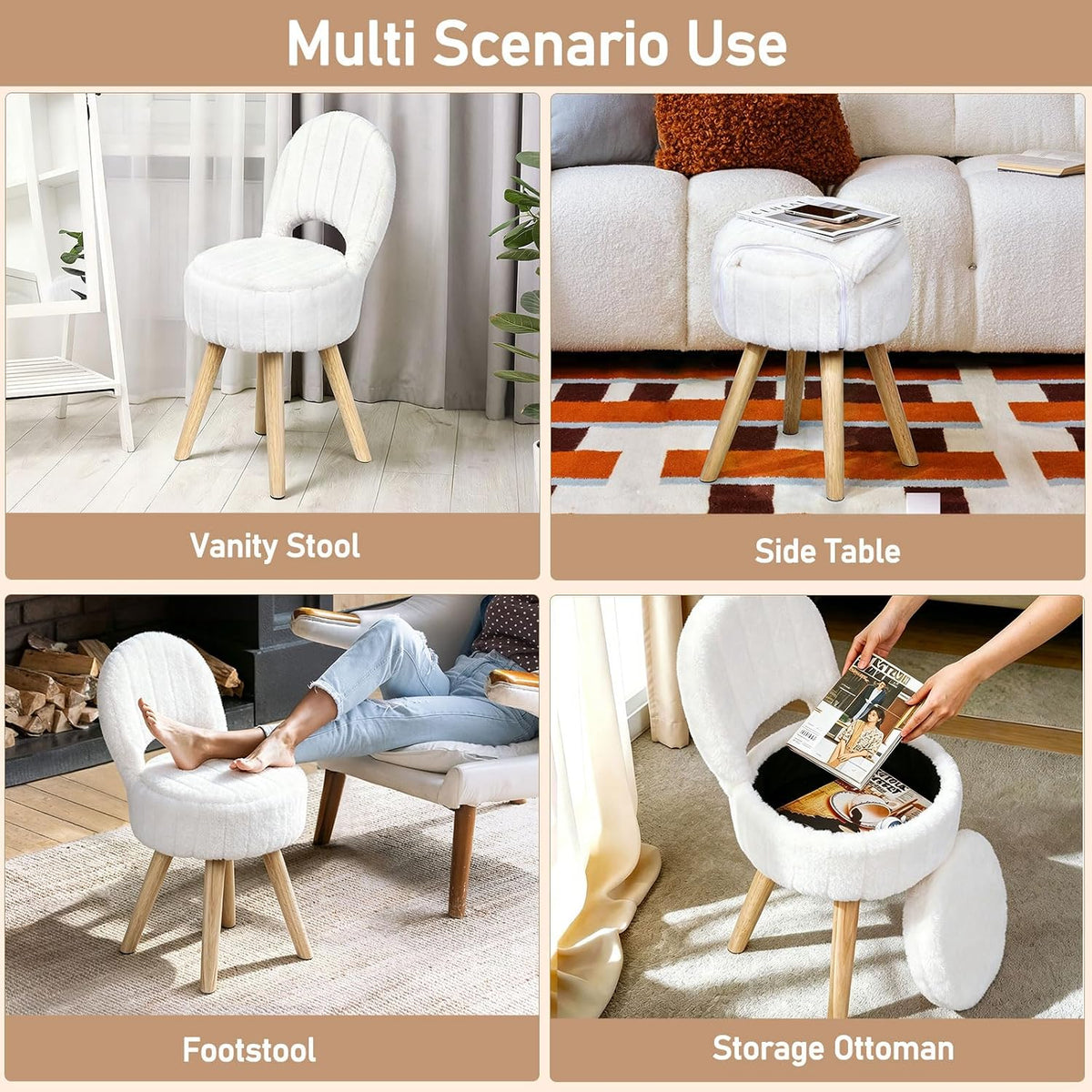 Small Vanity Stool Chair with Storage & Folding Back, Faux Rabbit Fur Soft Padded Seat Ottoman, 4 Solid Wood Legs Anti-Slip Feet, Stool for Vanity Desk for Makeuproom, Bedroom 12.9”x11.8”x27.9”(White)