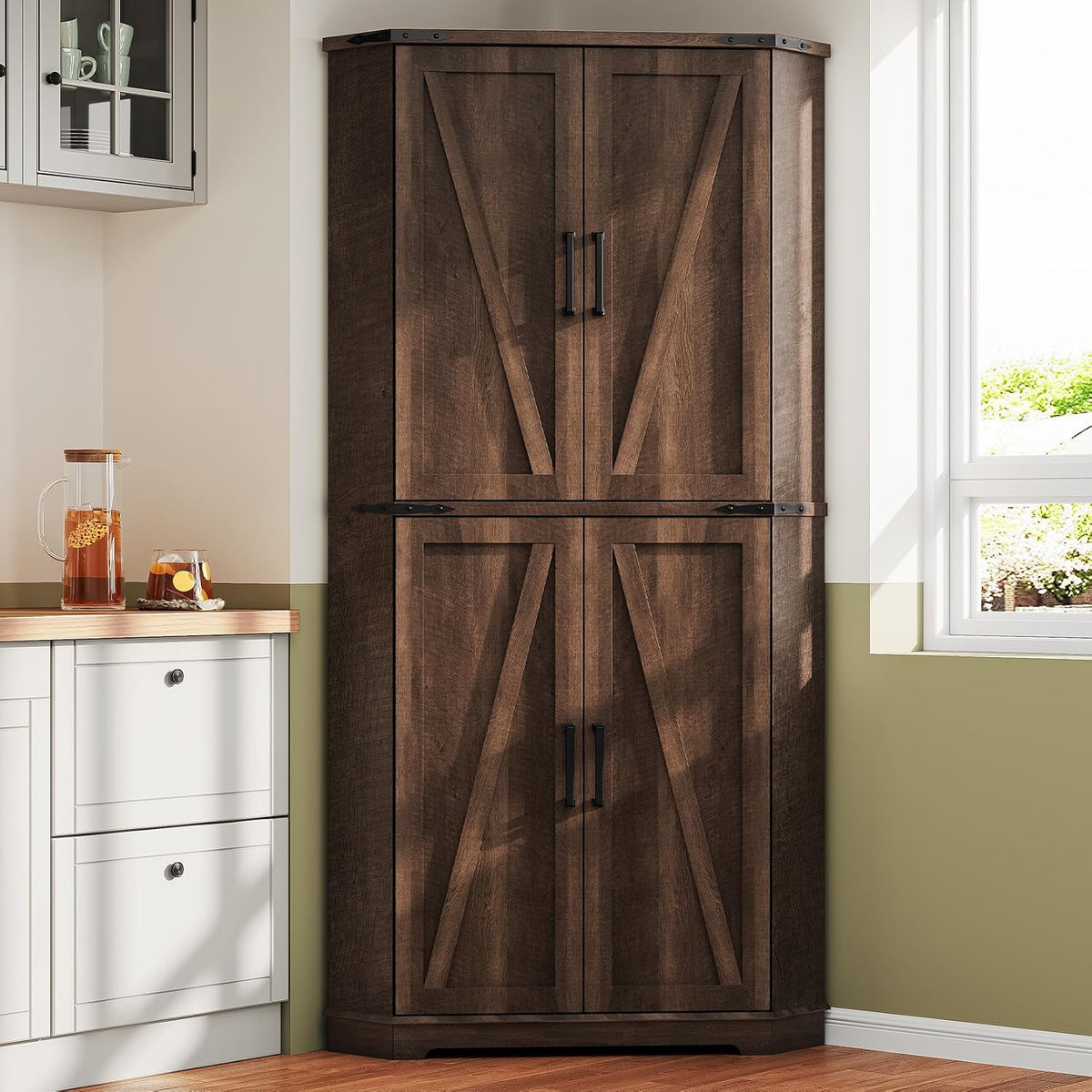 Dripex 71" Corner Cabinet Brown, Farmhouse Kitchen Pantry Cabinet with Doors Storage & Adjustable Shelves, Tall Corner Storage Cabinet with LED Light, Food Pantry for Living Room, Dining Room