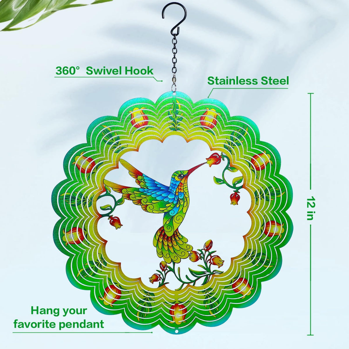Hummingbird Wind Spinners Hummingbird Gifts for Women/Men 12 inch 3D Stainless Steel Hanging Wind Spinner Metal Bird Wind Catchers Kinetic Sculpture for Indoor/Outdoor Decor,Yard Art,Garden Decoration