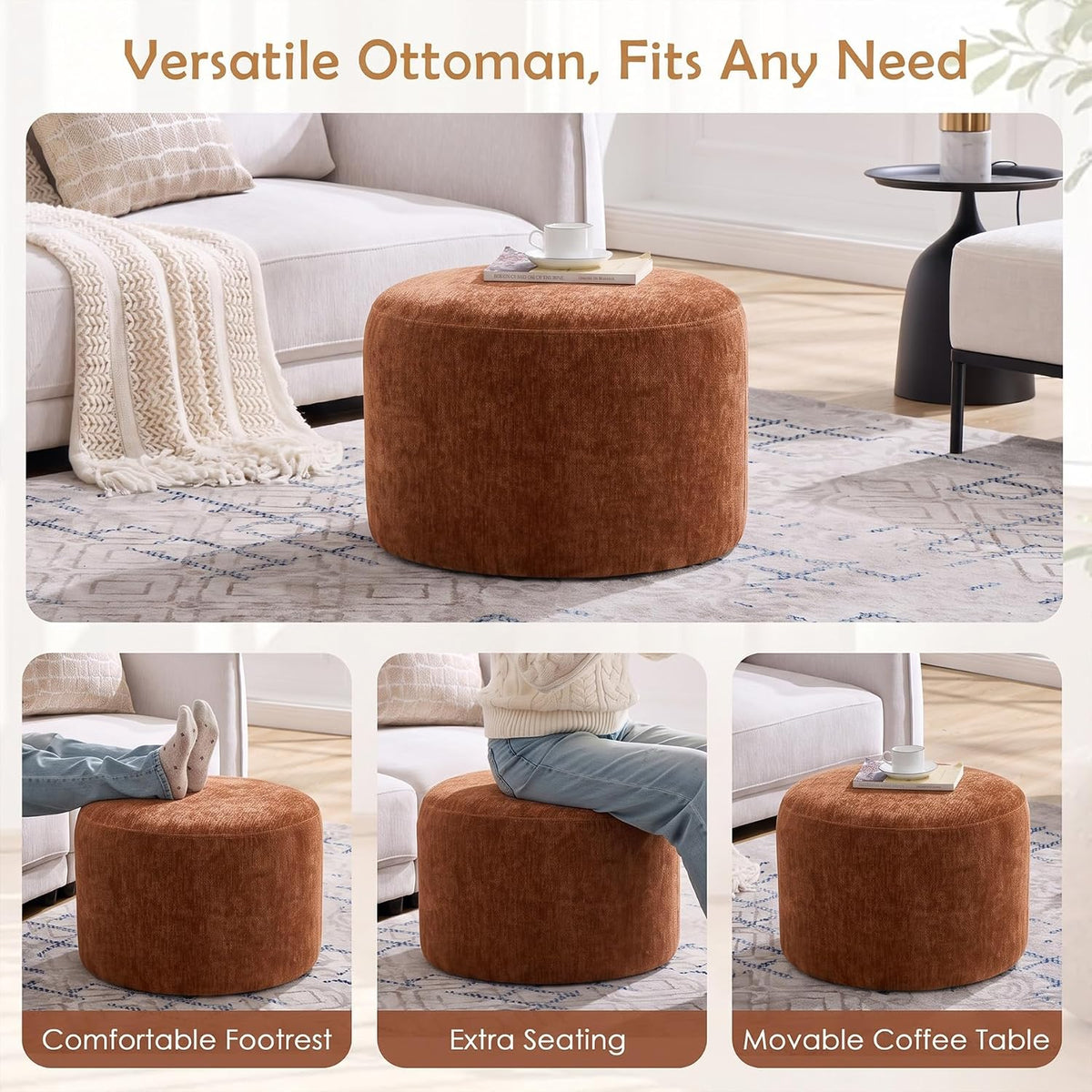 Upholstered Round Pouf Ottoman, Modern Footstool, Orange-Brown | Small Chenille Footrest with Soft Padded Seat & Wood Frame, Accent Vanity Stool for Bedroom (22.6"D x 22.6"W x 16.5"H)