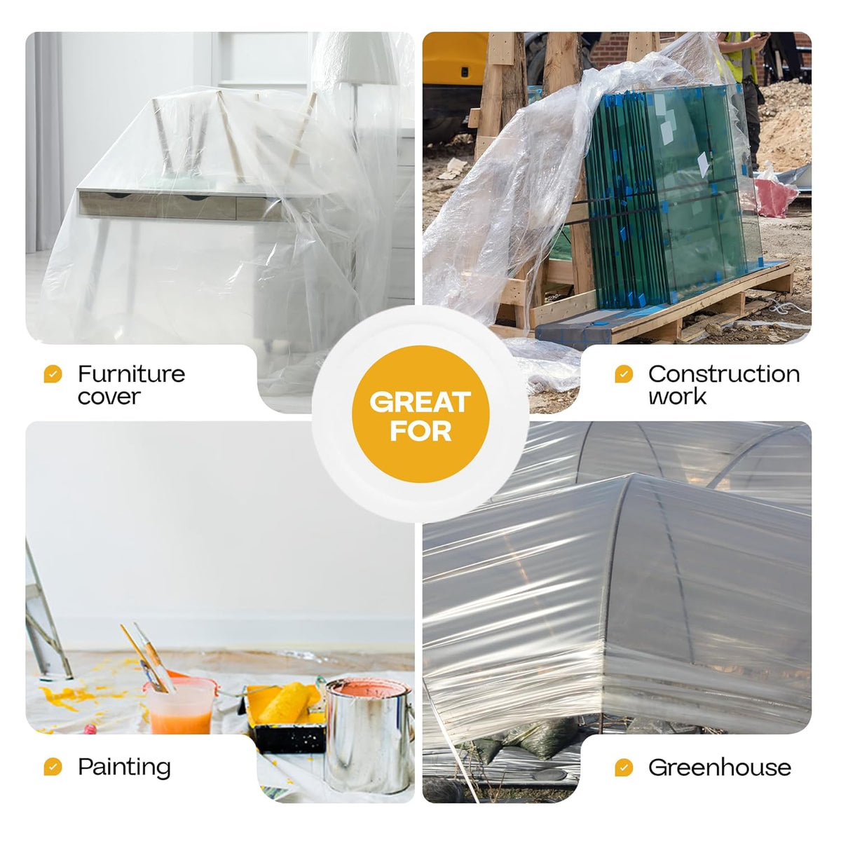Plastic Sheeting 4 mil, 8' x 50' (400 sq.ft.), Pack of 4 - Thick Semi-Clear Plastic Sheeting for Construction, Painting, Drop Cloth, Slide&Slip - Heavy Duty LDPE Film Roll by IDL Packaging