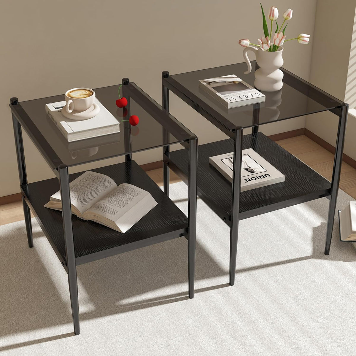 Glass end Table Set of 2,Living Room Glass Side Table,Glass Bedside Table,Suitable for Living Room, Bedroom