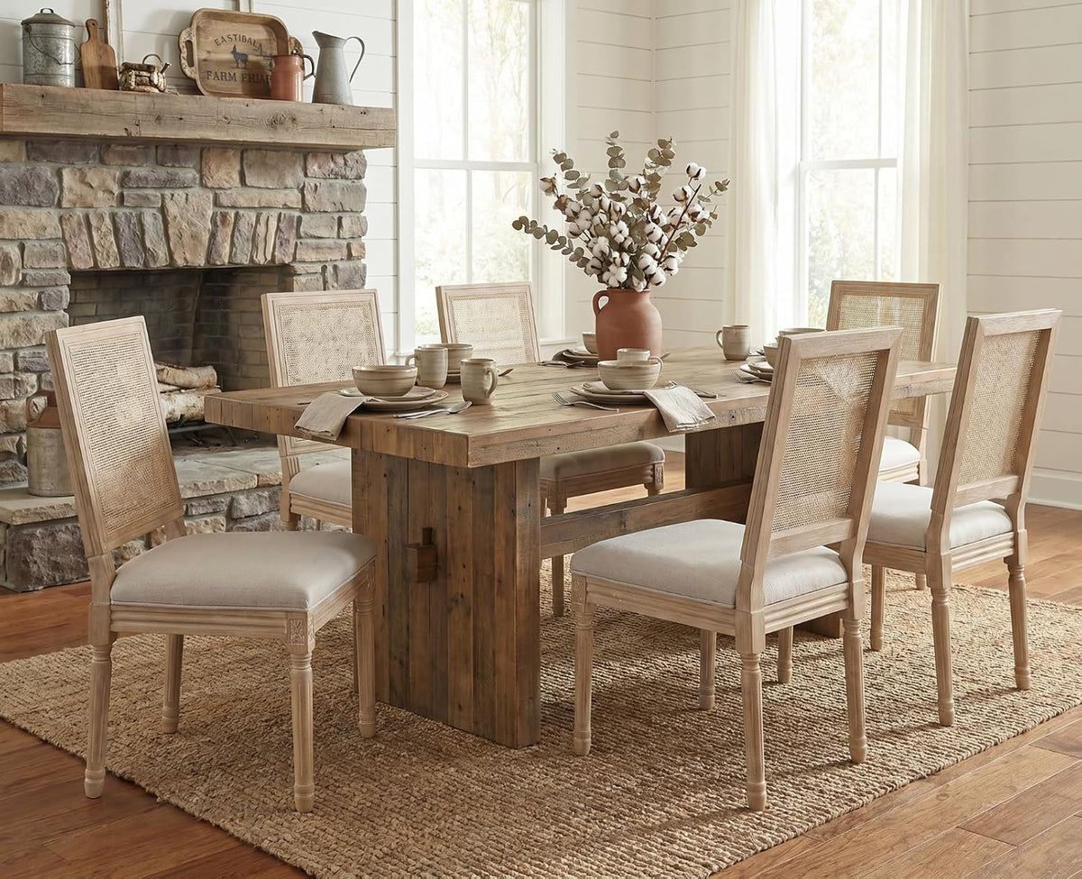 CIMOTA Farmhouse Dining Chairs Set of 8, French Rattan Dining Room Chairs with Rectangle Back/Distressed Wood Upholstered Vintage Side Chairs for Kitchen/Restaurant, Linen Beige/8PCS
