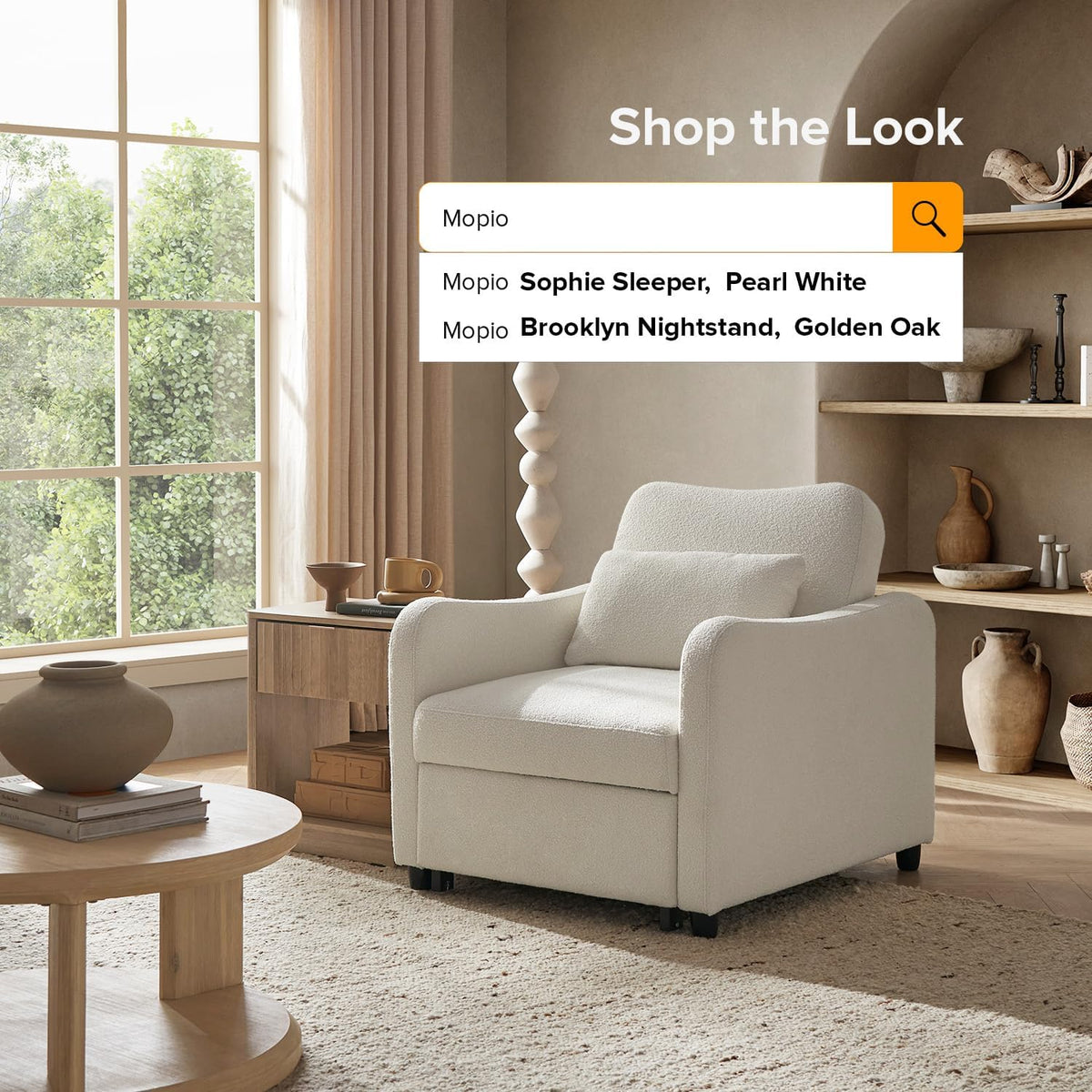 mopio Sophie 4-in-1 Convertible Sleeper Chair Bed, Accent Chair, Chaise Lounge, Comfy Reading Armchair, Pull Out Sofa Bed with Adjustable Backrest for Living Room, Bedroom (Pearl White Boucle)