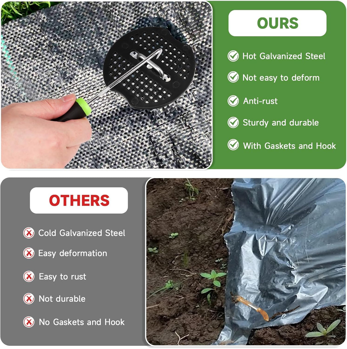 Garden Stakes,6 Inch 11 Gauge 20pcs Galvanized Landscape Staples + 20pcs Gaskets + 1Pick Hook, Tent Stakes Landscaping Fabric SOD Pins for Weed Fabric Barrier,Groud Cover,Fence