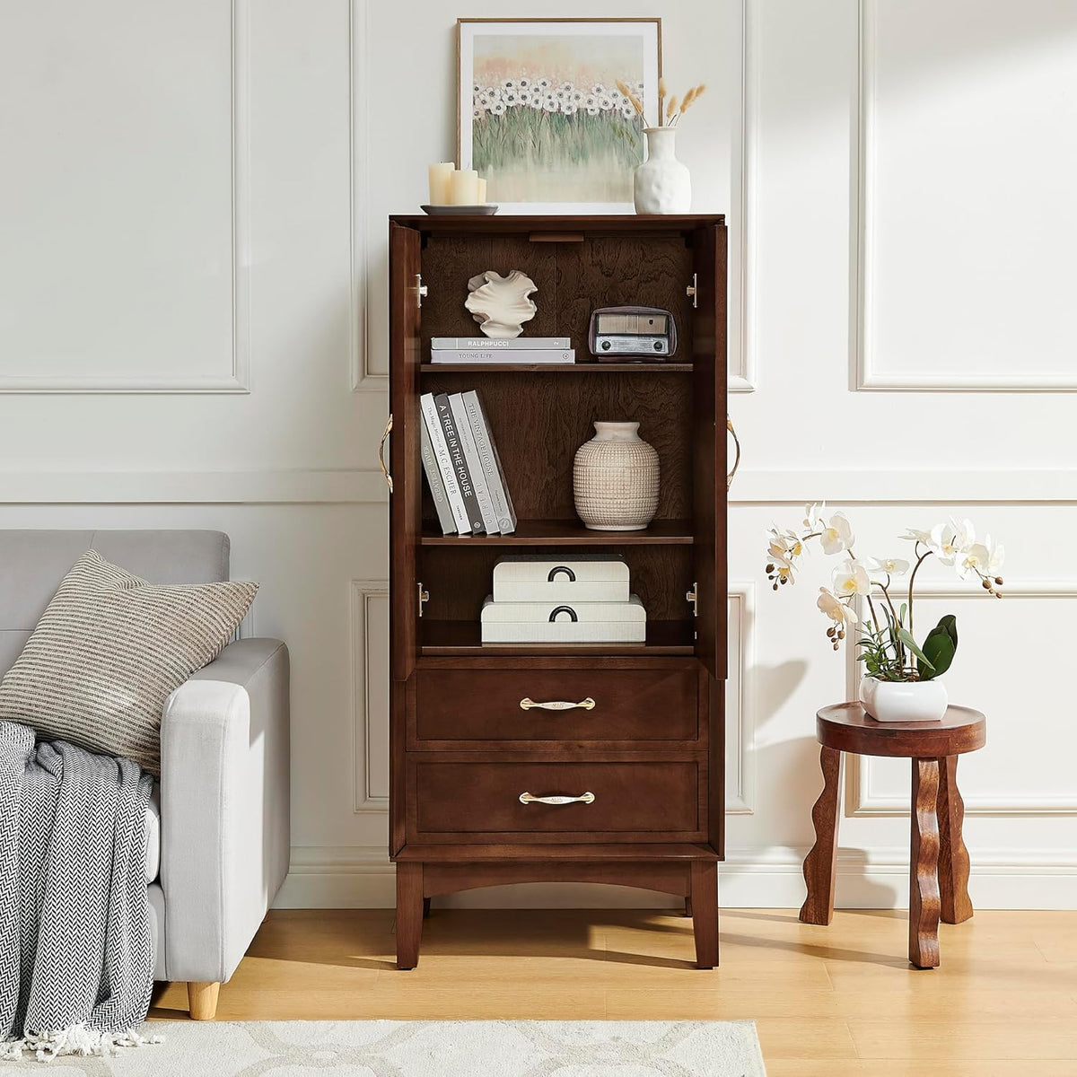 MERITLINE 53.5" Tall Kitchen Pantry Cabinet with Doors & Drawers, Mid Century Modern Sideboard Buffet Storage for Living Room, Entryway, Hallway & Garage (Walnut)