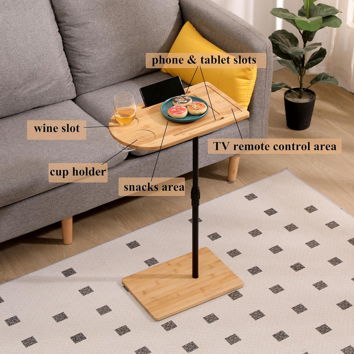 C-Shaped Oval Couch Tray Table, 360°Swivel Wider TV Tray Table Sofa Bamboo Height Adjustable Side Table with Slots for Bed & Chairs in Living Room Bedroom (Oval)