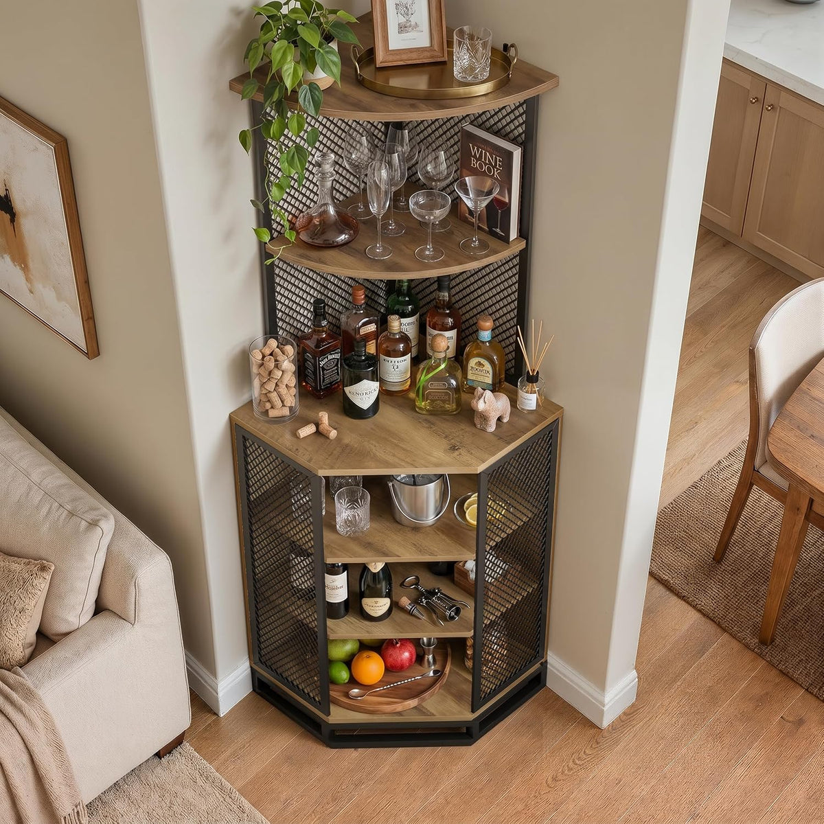 IBF 71 Inch Rustic Oak Farmhouse Tall Corner Bar Cabinet with Glass Holder | Sturdy 5-Tier Industrial Farmhouse Liquor Storage with Adjustble Shelf,Anti-Tipping Design for Home Kitchen Small Space