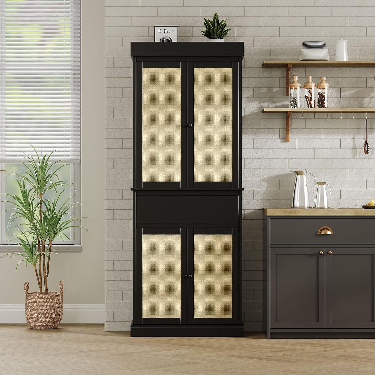 69 Inch Tall Pantry Cabinet , Slim Wood Storage Cupboard with Adjustable Shelves, Rattan Doors and Drawer, Freestanding Kitchen Organizer, Bathroom Linen Cabinet for Dining Room and Laundry Room