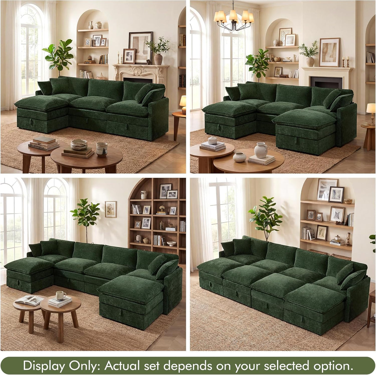 WorthFurni Modular Sectional Sofa with Storage Ottomans,103" U-Shaped Cloud Couch,Comfy Modern Couches with Pillows & Upholstered Deep Seat Cushion for Apartment Living Room Bedroom(Green)
