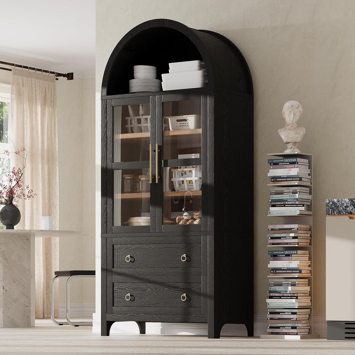 71" Tall Arched Kitchen Pantry Cabinet with 2 Drawers & Glass Doors, Modern Farmhouse Freestanding Storage Cabinet with Adjustable Shelves for Kitchen, Dining Room, Home Organizer(Black)