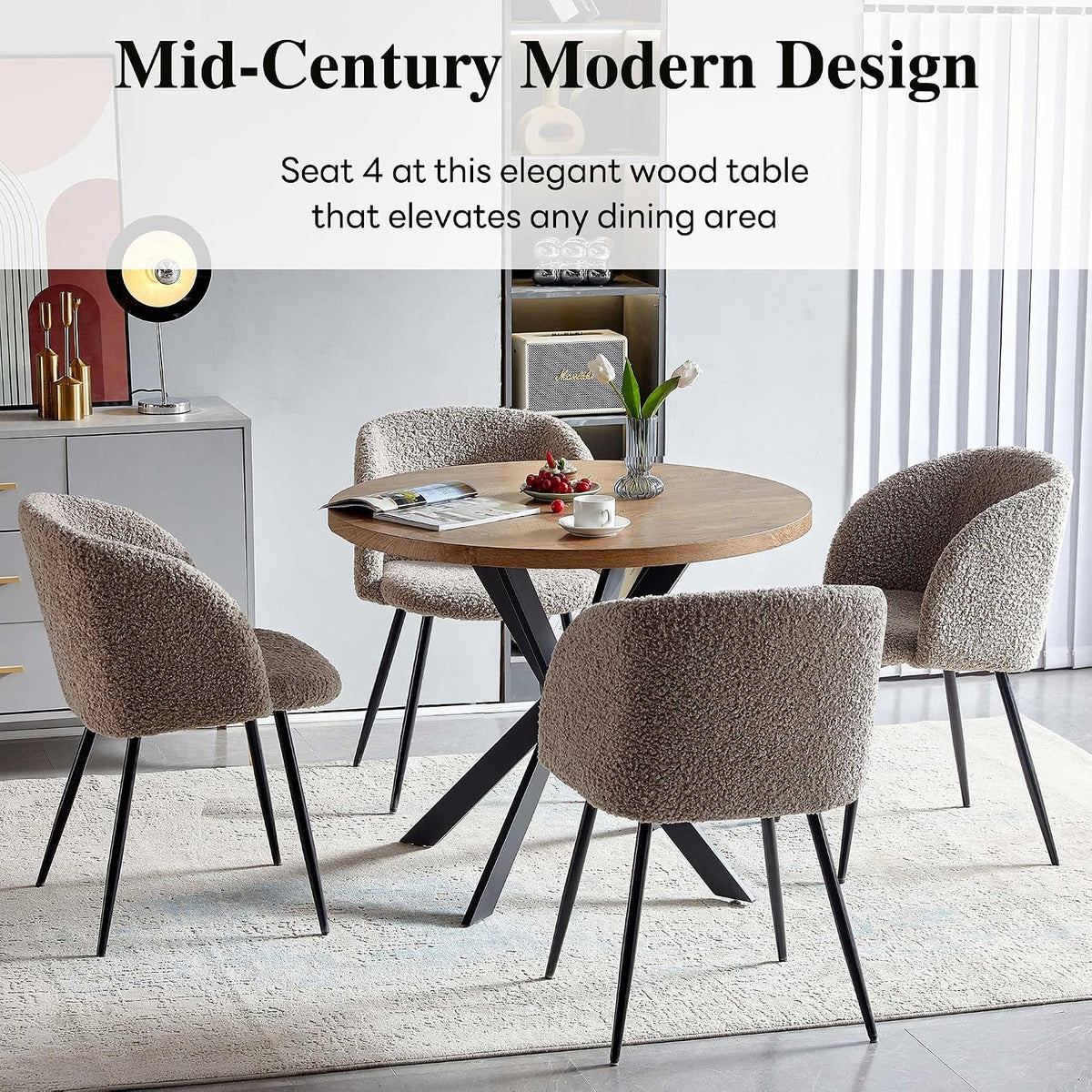NORDICANA 5 Piece Dining Table and Chair Set, 37-Inch Engineered Wood Round Table Set, Light Brown Fuzzy Sherpa Armchairs with Black Metal Leg for Small Spaces