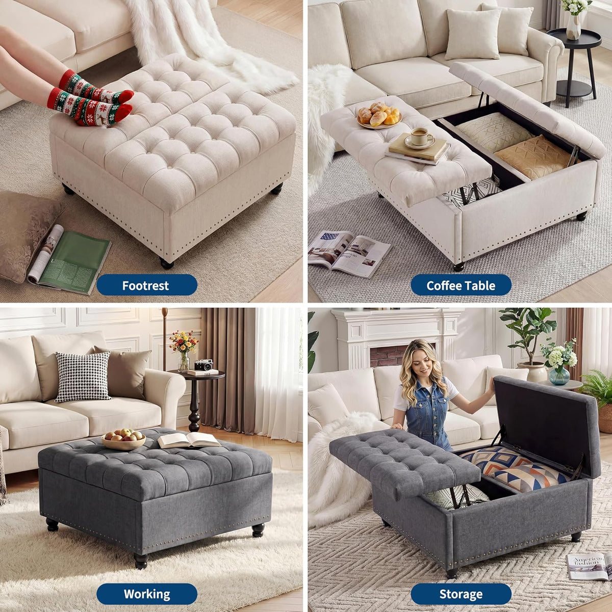 36" Large Square Storage Ottoman with Lift Top, 300 LBS Tufted Upholstered Ottoman Coffee Table Bench with Study Wood Legs, Multi-Functional Footrest Storage Box for Living Room and Bedroom (Gray) 
