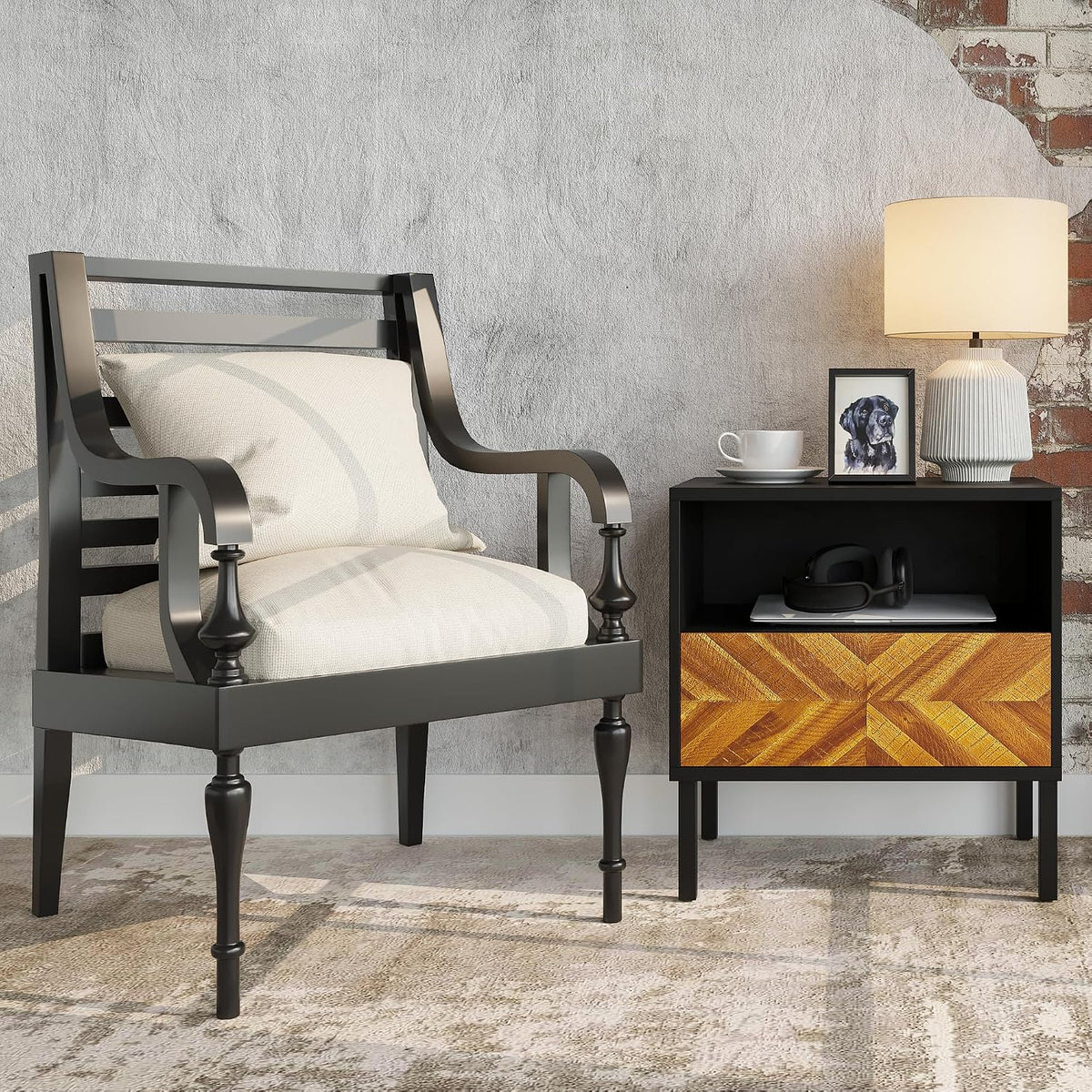 Bme Vivian Solid Wood Nightstand, End Table, Bedside Table with Herringbone Pattern for Rustic Bedroom, Easy Assembly, Rustic Golden Brown and Black